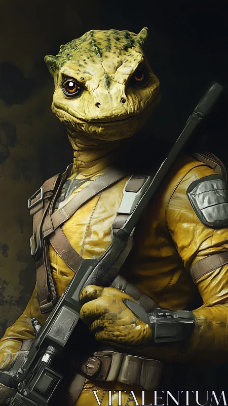 Lizard soldier portrait with rifle in cinematic yellow armor.