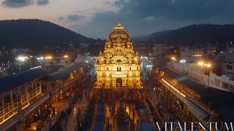 Golden hilltop temple glowing over twilight pilgrim avenues.