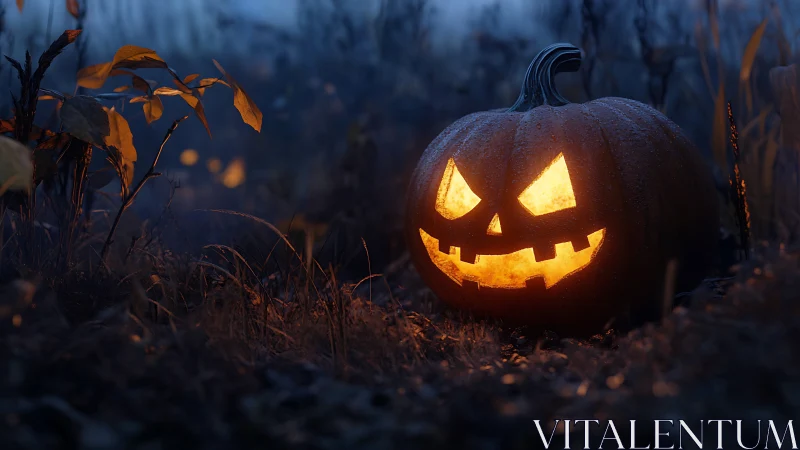 Glowing jack o’ lantern smiling warmly in a misty field.