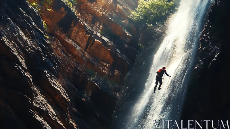 Canyoneer rappels down sunlit waterfall against rugged cliff face