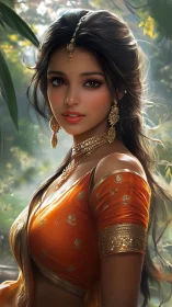Luminous digital portrait of woman in ornate orange sari.