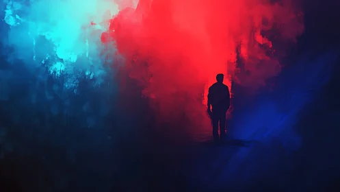 Silhouette figure within red and blue atmospheric haze.