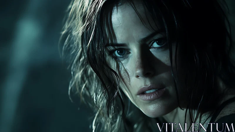 Intense closeup of wet woman in moody cinematic light.