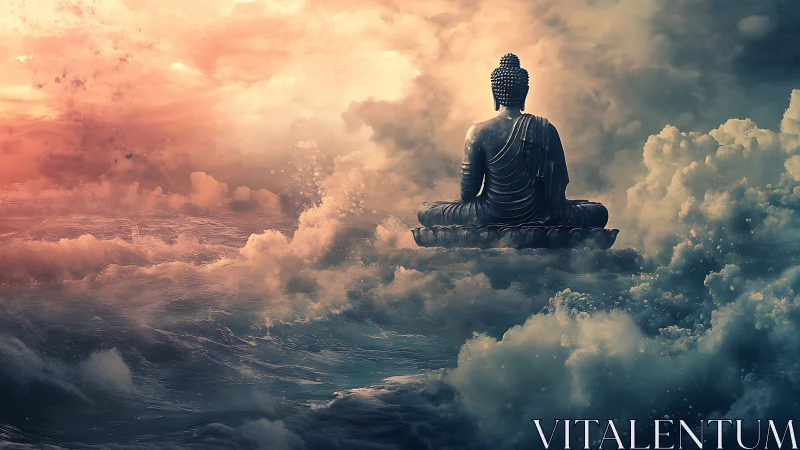 Digital painting of meditative statue above ethereal ocean clouds.