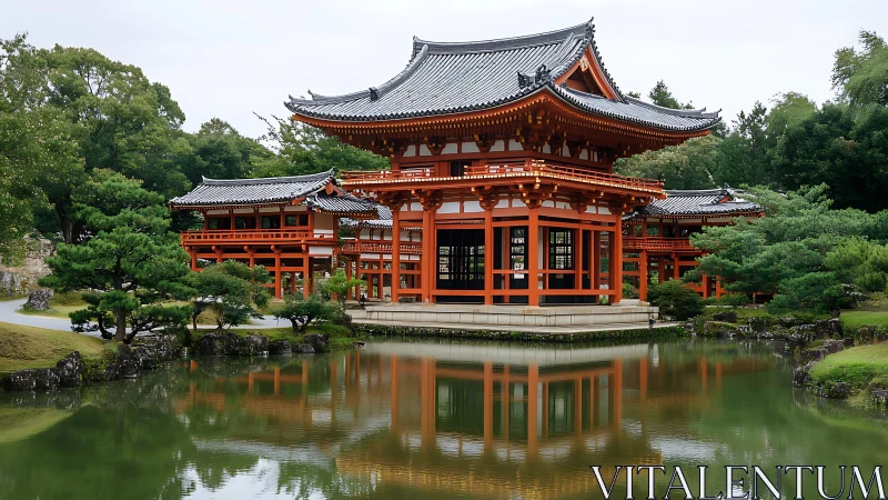 Japanese pavilion reflected in landscaped garden pond.
