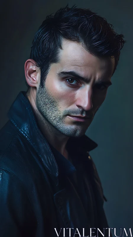 Moody male portrait in black leather jacket study.
