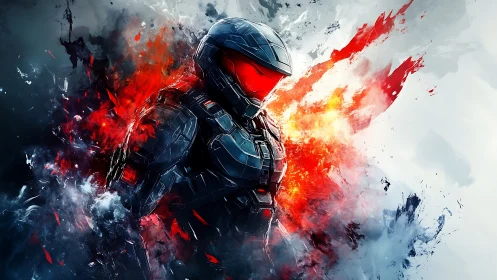 Armored sci fi soldier in explosive red energy blast.