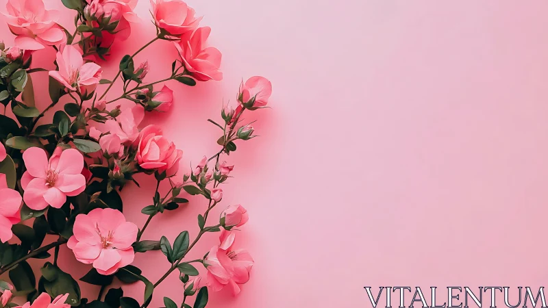 Pink roses arranged on monochromatic background with botanical detail.