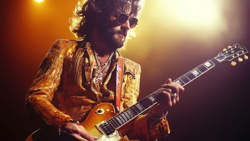 Rock guitarist onstage with electric guitar under warm lights.