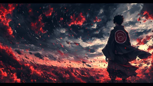 Storm-torn sky swirls as the lone warrior studies the embers