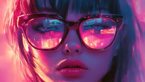 Neon portrait with city reflections in large glasses.