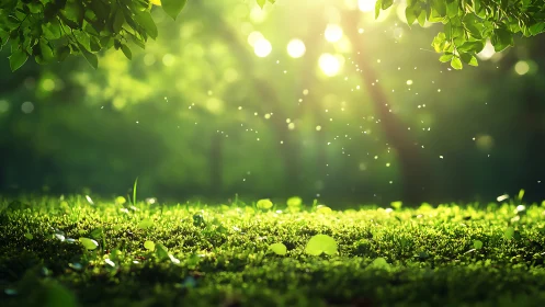 Sunlit Moss Landscape with Bokeh Light Particles