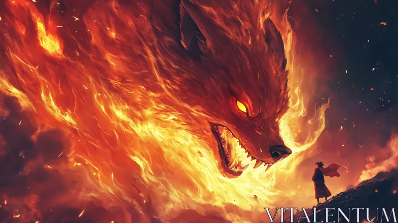 Fiery wolf-shaped entity confronting cloaked human figure.