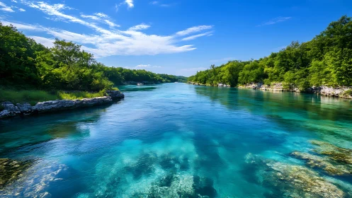 Turquoise river corridor under vivid midday sky.