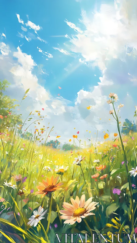 Sunlit wildflower meadow under a bright, joy filled summer sky.