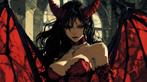 Crimson-winged demon queen smolders in shattered cathedral.