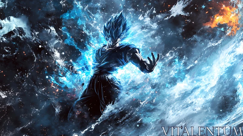 Cosmic blue warrior ignites a storm of crackling energy.