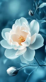 Luminescent Peony with Golden Stamen in Monochromatic Teal Setting