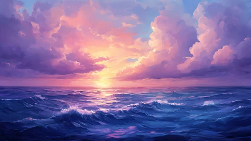 Radiant sunset over rolling violet ocean waves panorama.