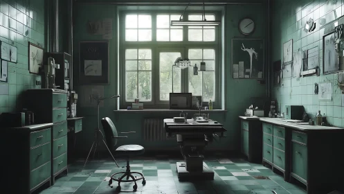 Old tiled medical examination room with worn equipment.