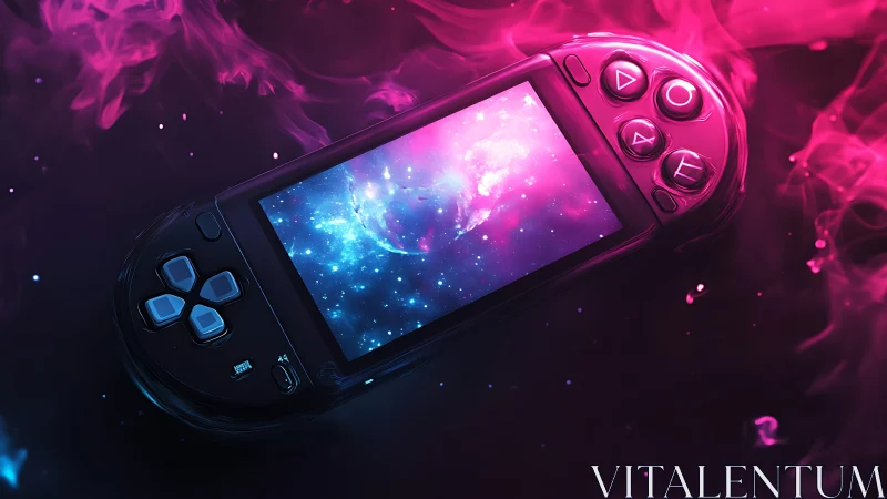 Neon Handheld Gaming Device with Cosmic Display.