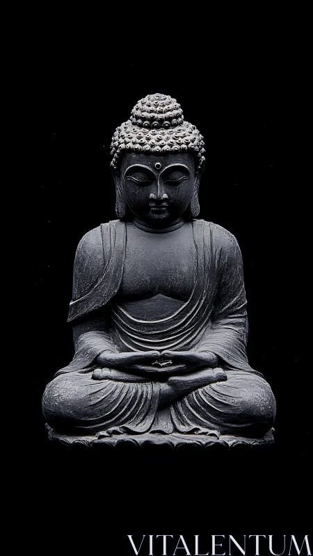 Dark stone Buddha statue in seated meditation pose on black.