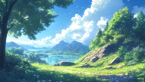 Radiant lacustrine valley under cumulonimbus-dappled sky.