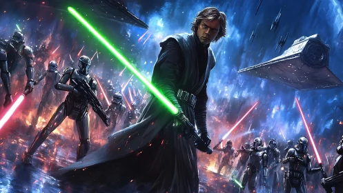 Jedi warrior ignites green lightsaber amid raging galactic war