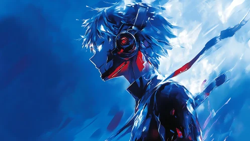 Cybernetic profile portrait renders fragmented neon energy field