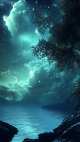 Digital painting seascape with luminous celestial cloudscape.