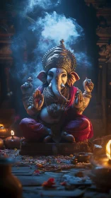 Ganesha idol glows in incense haze during sacred temple ritual