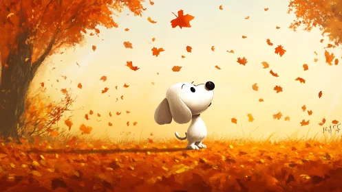 Whimsical white dog observing drifting autumn leaves outdoors.