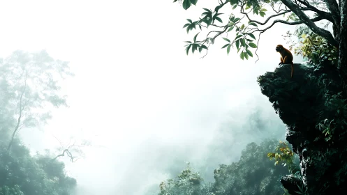 Quiet jungle lookout with a lone monkey above the mist.