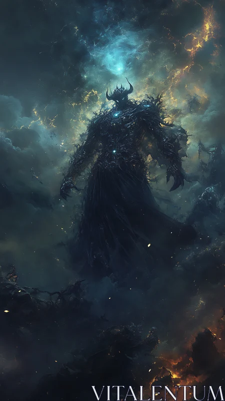 Voidborn titan rises through stormlit cosmic abyss.