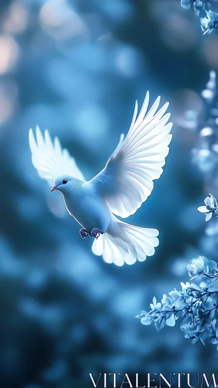 White dove in flight against blurred blue botanical background.
