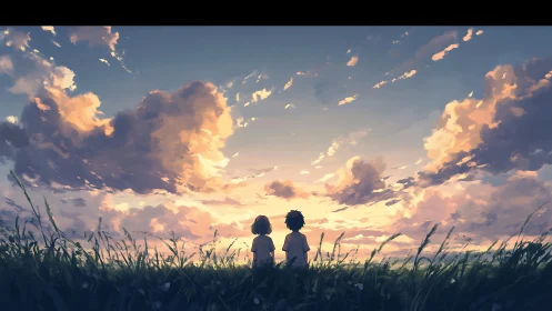 Two kids watch orange sunset clouds over open grass field.