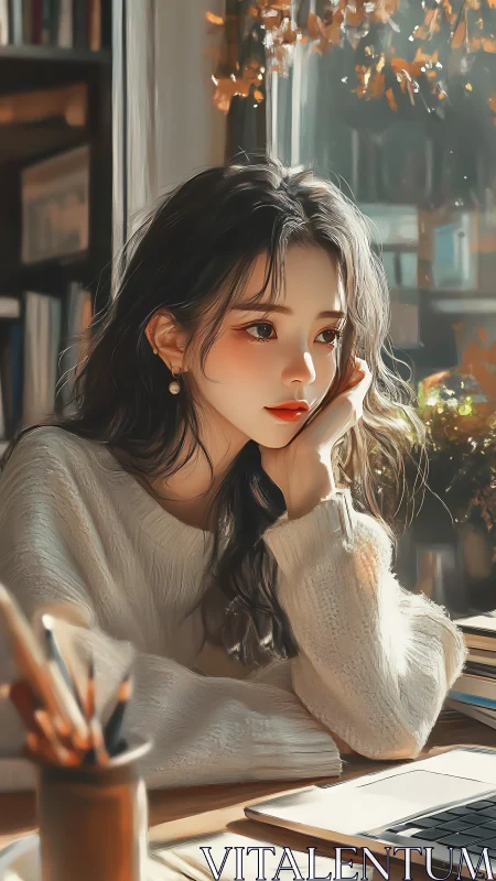 Cozy autumn afternoon with a daydreaming girl by window light.