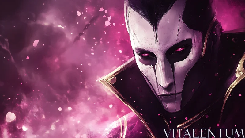 Masked humanoid figure glares amid swirling pink energy field