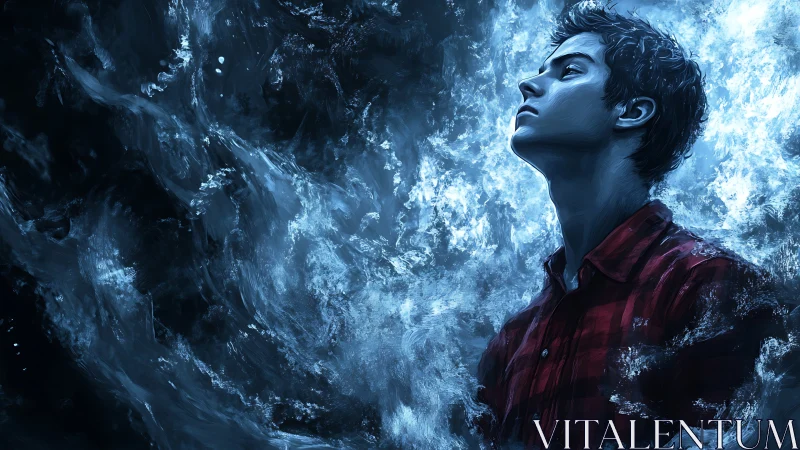 Young man in red shirt stands calm amid swirling blue storm