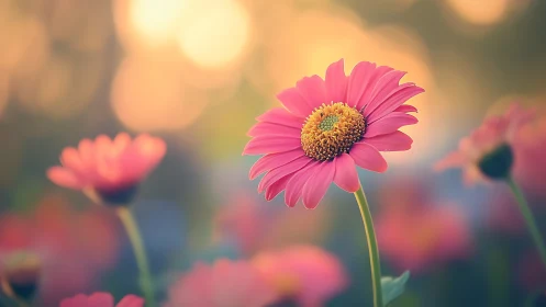 Pink Gerbera Daisy with Golden Center in Soft Focus Garden Setting.