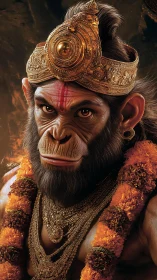 Regal simian warrior in ornate gold crown and garlands.