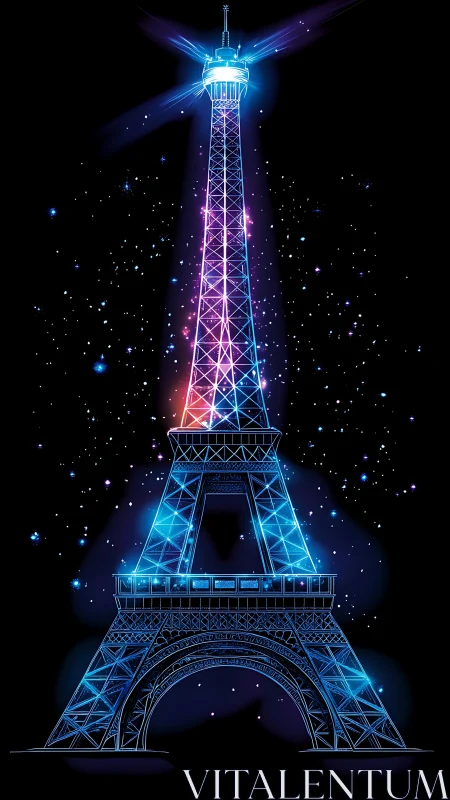 Neon lattice illustration of Eiffel Tower on night background.