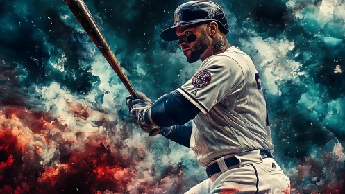 Cosmic batter poised at the plate in swirling color storm.