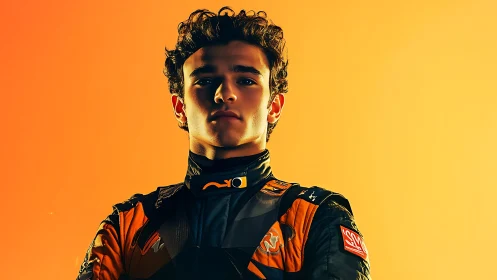 Portrait shows racing driver in suit against orange gradient