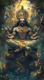 Mythic multi-armed deity in luminous jungle temple realm.