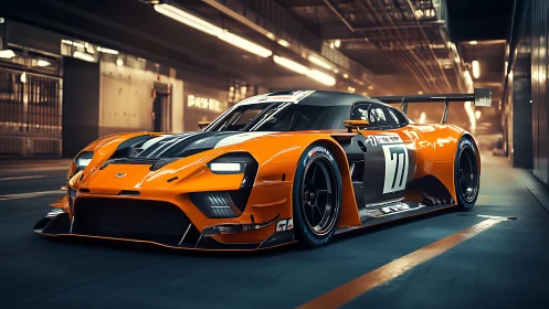 Photorealistic orange GT race car in cinematic tunnel lighting.