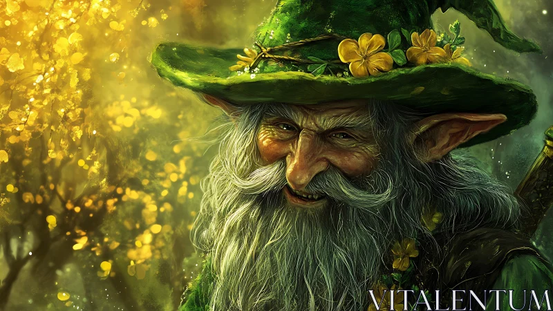 Forest elf elder smiles under luminous golden canopy.