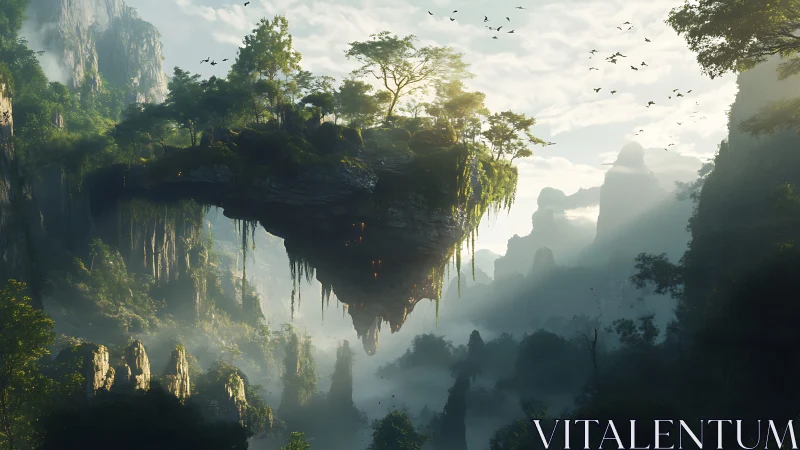 Floating landmass suspended above misty canyon valley terrain
