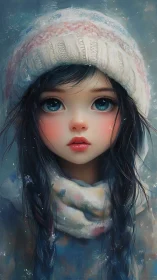 Winter hush lingers in her wide, glassy watercolor gaze