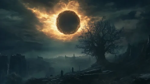 Burning eclipse over desolate fantasy wasteland at dusk.